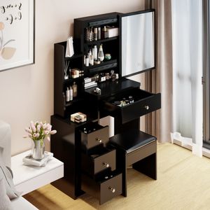 Tocador de Maquillaje con Espejo Negro 75cm